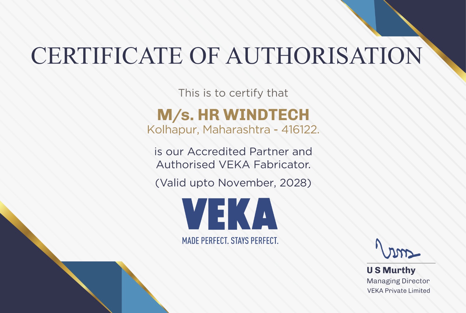 HR Wind Tech Authorization Certification from VEKA UPVC brand